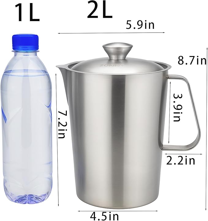 2-Pack 304 Stainless Steel Water Pitcher with Lid, 2L/70oz Metal Pitcher with Lid Wide-Mouth Measuring Cup with Dual-Scale Markings for Mixing, Baking, Coffee, Kitchen Prep