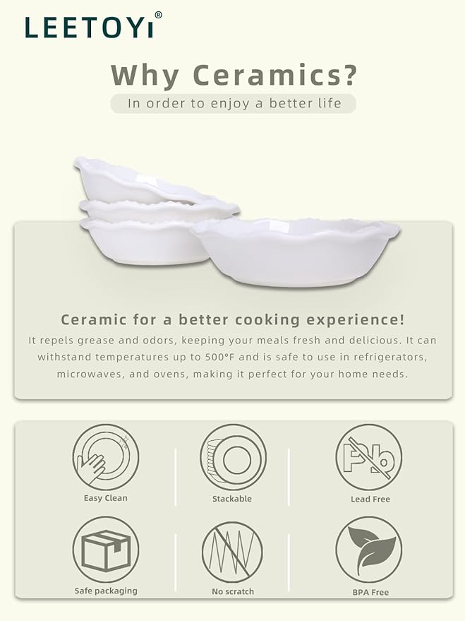 5.8 Inch Mini Pie Pans, 8 Ounce Ceramic Pie Plate Pie Dish Ramekins for Kitchen, Individual Stackable Pie Tins, Set of 4 (White)
