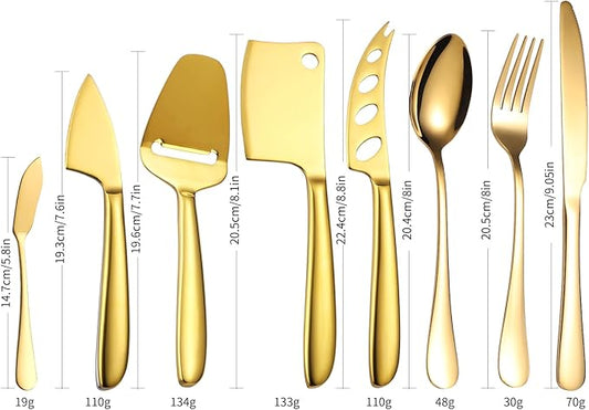 Gold Cheese Knives Silverware 8 Pieces include Dinning Knife Fork Spoon Stainless Steel Kitchen Cooking Gadget Tool Baking Utensils Multifunctional for Everyday Use and Parties