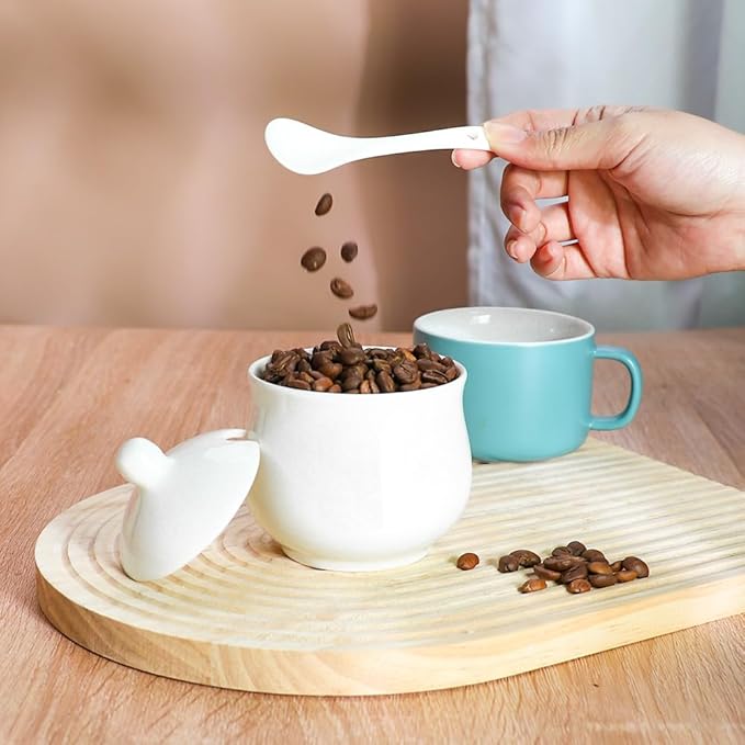 Ceramic Sugar Bowl with Lid and Spoon, Porcelain Salt Storage Jar, White Seasoning Container for Home and Kitchen, 7 Ounces (White)