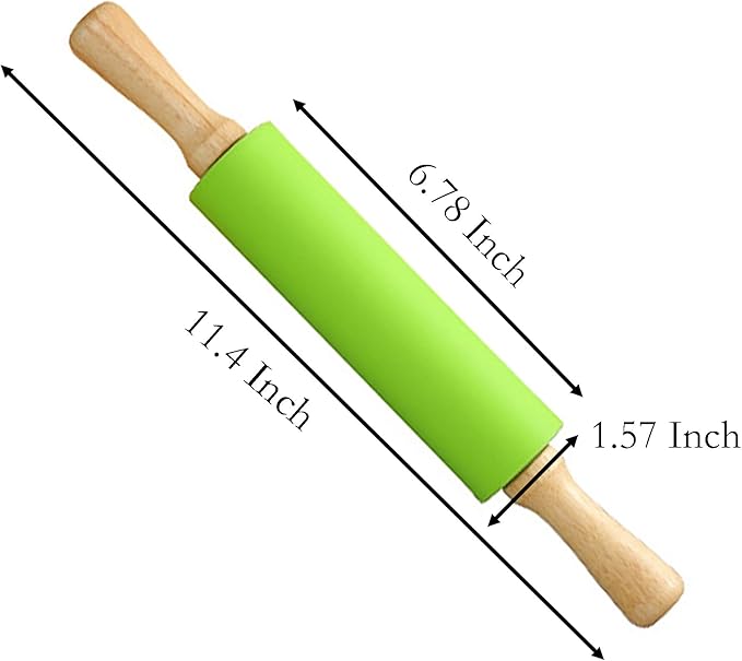 Silicone Rolling Pin, Green 11.4 Inch Pin with Wooden Rotatable Handle for Dough of Baking Bread, Cookie, Pizza (green, 9 inch) (green, 11.4 inch)