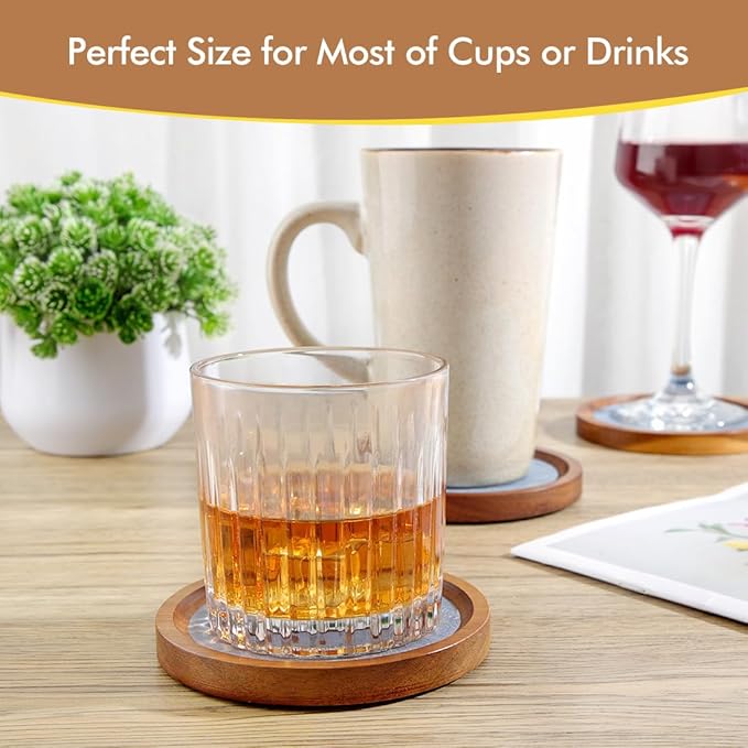 Acacia Wood Coasters for Drinks, HALE OTEIR 4.13 Inch Felt Wooden Coasters for Coffee Table Absorbent Set of 6 with Holder, Natural Wood Stackable Reusable Coasters for Home Office Coffee Bar Table