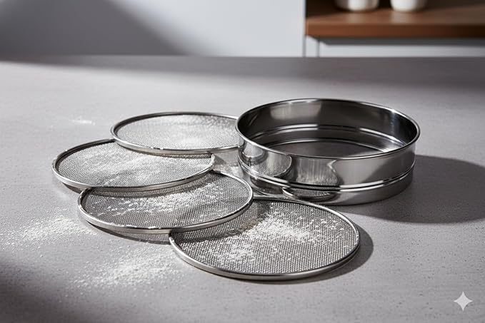 4 In 1 Stainless Steel Interchangeable Sieve Set of 5 Flour Spices Food Strainers Atta Chalni Jaali Channi Atta, Maida Strainer - Silver, Length 8 Inch, Width Height 2.5 Inch Four in One