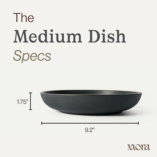 MORA Medium Dishes Set of 4, 30oz Ceramic Pottery Pasta Plate/Wide Bowls - Microwave, Oven and Dishwasher Safe - Liquorice