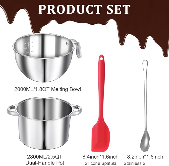 304 Stainless Steel Double Boiler Set -1.8QT Melting Bowl with Scale and Handle - 2.54QT Dual-Handle Pot - Stackable Water Bath Melting Pot Set for Butter, Chocolate, Wax, Sugar, Candle