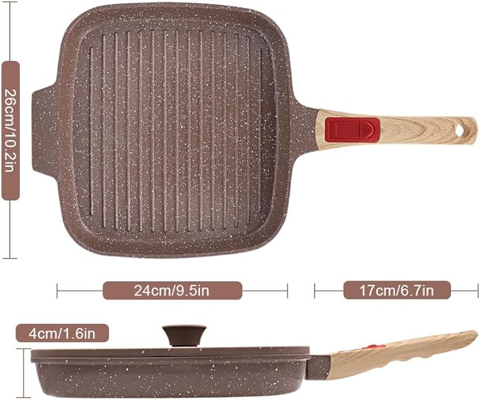 RANX INGST Nonstick Griddle Pan with Lid 10 Inch, Ceramic Coating, Detachable Handle, PFOA Free, Brown