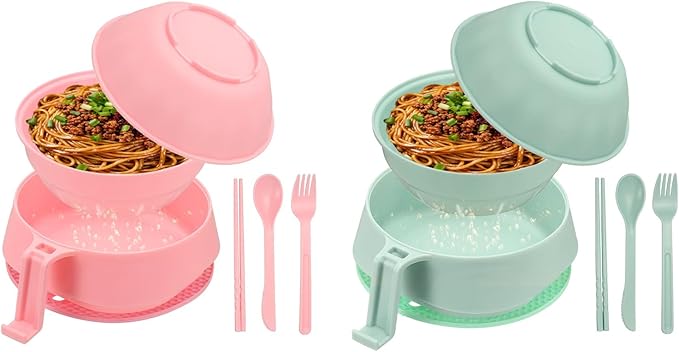 uxcell 2 Sets Microwave Ramen Bowl Set, Wheat Fiber Noodle Bowls Plastic Cooker with Lid Handle Fork Spoon Chopsticks for College Dorm Room Apartment, (Pink/Green)