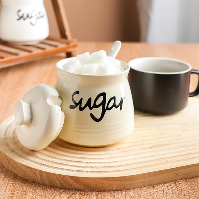 Porcelain Sugar Bowl with Lid and Spoon,12 Ounces Ceramic Sugar Jar Sugar Dispenser,Sugar Container for Home and Kitchen Decor (Cream)
