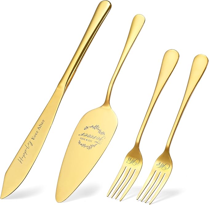 Galaxozent Wedding gifts for Couples, Gold Wedding Cake Knife and Server Set with Forks, Cake Cutting Set, Bridal Shower Anniversary Engagement Present For Mr and Mrs Set of 4