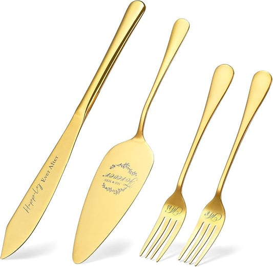 Galaxozent Wedding gifts for Couples, Gold Wedding Cake Knife and Server Set with Forks, Cake Cutting Set, Bridal Shower Anniversary Engagement Present For Mr and Mrs Set of 4
