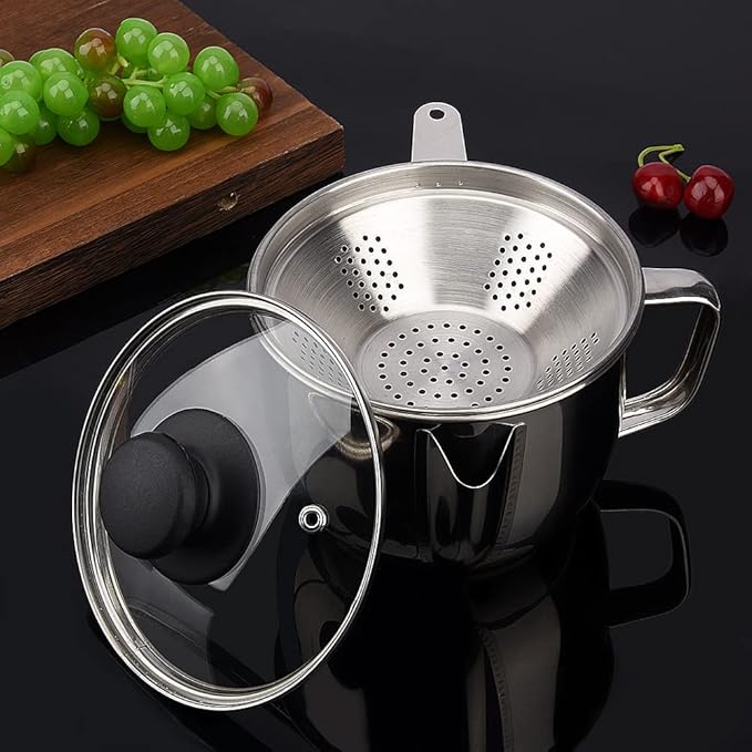 Stainless Steel Fat Separator 4 Cup/1000ML Gravy Grease Separator with Strainer and Glass Lid, Soup Oil Separator Cup for Cooking, Oil Soup Separator Strainer Pot for Kitchen