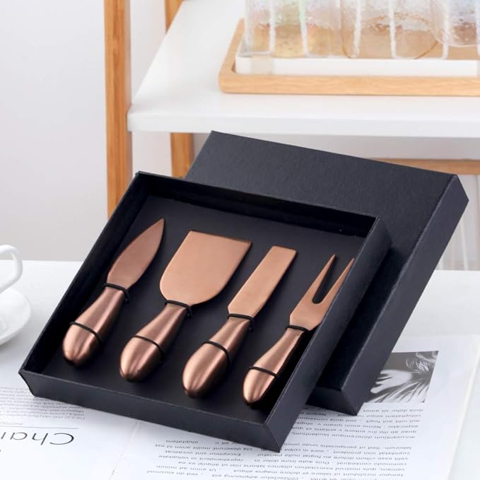Buyer Star Rose Gold 4 Piece Cheese Knife Set Stainless Steel Mini Cheese knives Charcuterie Board Accessories Cheese Spreader Knife with Gift Box for Charcuterie, Gift-Ready