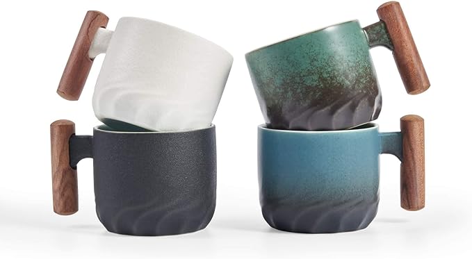 Ceramic Espresso Cups with Wooden Handle Espresso Shot Cups Ceramic Tea Cups Porcelain Demitasse Cups for Coffee or Tea, 2oz (Black-Blue-Green, 6)