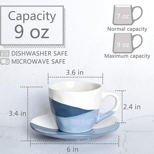 Bosmarlin Stoneware Coffee Cup Mug with Saucer Set of 2 for Latte, Cappuccino, Tea, Oz, Dishwasher and Microwave Safe (Geometric Blue, 2)
