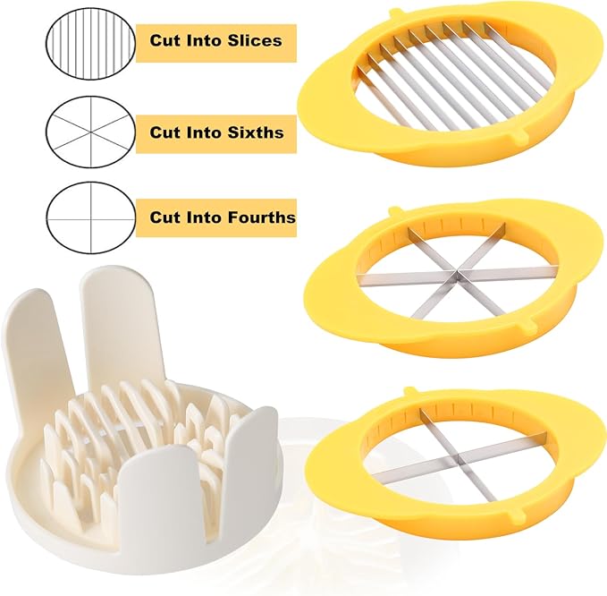 3-In-1 Egg Slicer with Blades, Stainless Steel Egg Cutter for Hard Boiled Eggs, Multi-purpose Food Slicer to Cut Fruits into Fourth Sixth or Slices, Heavy Duty Dishwasher Safe, Yellow