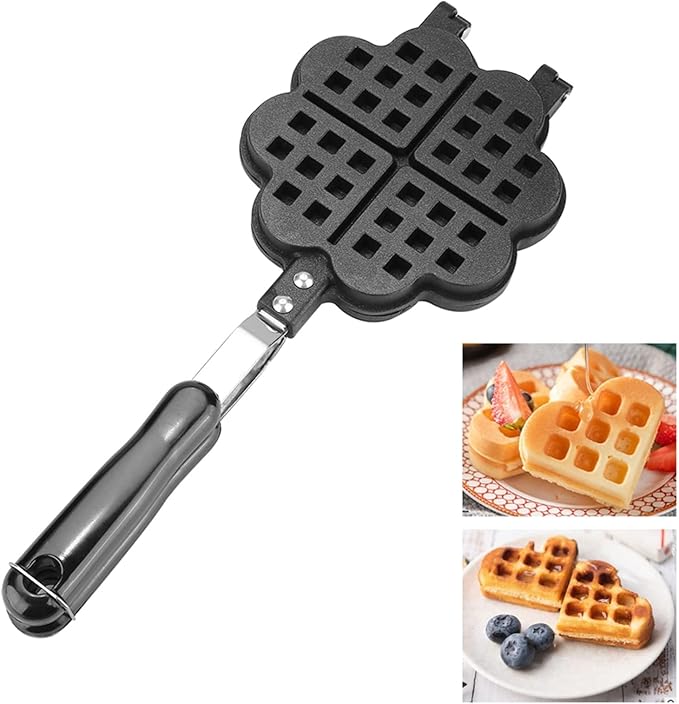 Heart Shape Waffle Maker for Stovetop, Non Stick Aluminum Campfire Waffle Iron with Detachable Handle, Portable Cookware for Outdoor Camping, RV and Home Kitchen