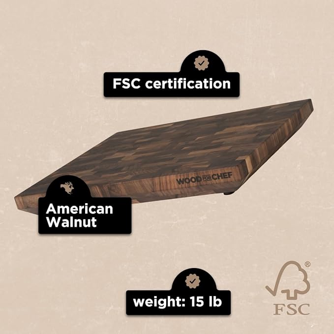 WoodForChef Heritage Large Walnut End Grain Cutting Board – Heavy Butcher Block Board with Feet & Mineral Oil Bottle – Foodsafe Wooden Prep Deck for Kitchen & Professional Chefs - 18x16x2 inches