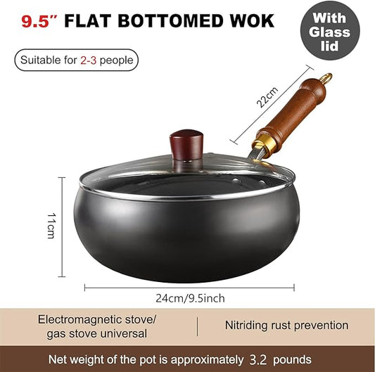 UMETRE Carbon Steel Wok Pan, 9.5" Woks & Stir-Fry Pans with Glass Lid Cookwares, Nonstick Wok Flat Bottom Small Handmade Chinese Wok For for All Stoves