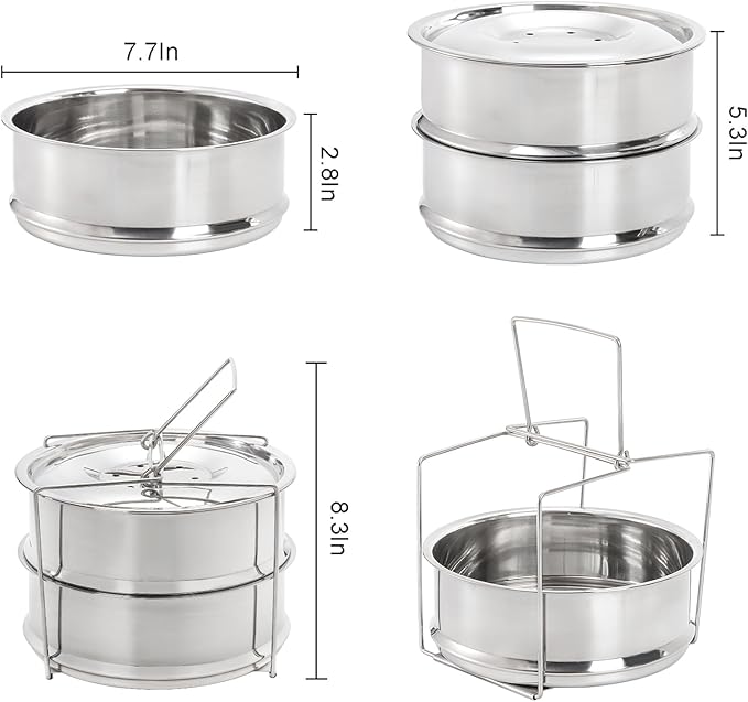 WUWEOT Stackable Steamer Insert Pans, 2 Tier Stainless Steel Pot-in-Pot Baking Pan, Pressure Cooker Accessories with Sling Handle and Silicone Gloves for Instant Pot