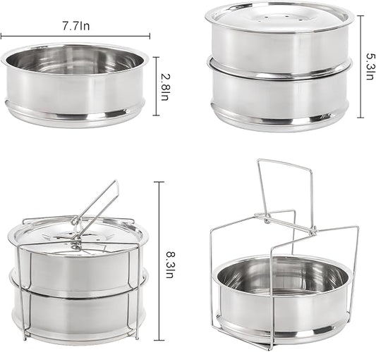 WUWEOT Stackable Steamer Insert Pans, 2 Tier Stainless Steel Pot-in-Pot Baking Pan, Pressure Cooker Accessories with Sling Handle and Silicone Gloves for Instant Pot