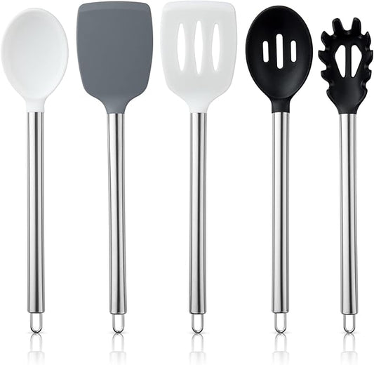 COOK WITH COLOR Silicone Cooking Utensils, Kitchen Utensil Set, Easy to Clean Silicone Kitchen Utensils, Cooking Utensils for Nonstick Cookware, Kitchen Gadgets Set, 5 Pieces, Black/White