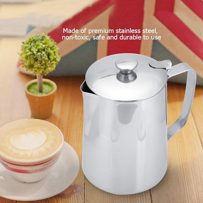DEWIN Milk Frothing Pitcher, 20oz/600ml Stainless Steel Steaming Pitcher Barista Milk Frother Cup Jug for Espresso Machine Coffee Cappuccino Latte Art - Silver