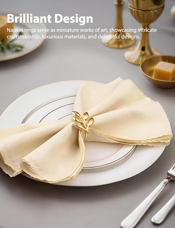 Leaf Napkin Ring Holder Set of 12 Gold Color Dining Table Décor for Wedding Party Dinner Banquet (Gold 12pcs)