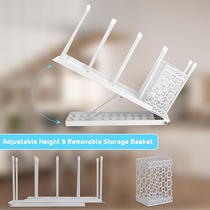 Coffee Cup Holder, Adjustable Cup Dispenser Lid Organizer Rack, 4 Compartment Disposable Paper Plastic Cup and Lid Dispenser with Straw Storage Basket for Coffee Bar Station Breakroom Countertop White
