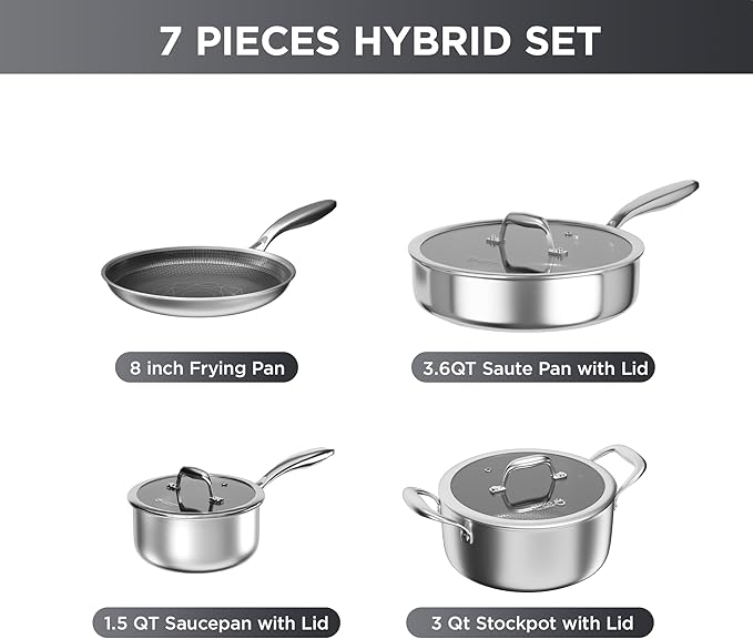 COOKER KING 7 PCS Stainless Steel Cookware Set, Pots and Pans Set Non Stick, Hybrid Ceramic Cookware,Non-Stick Frying Pan, Saucepan, Saute Pan & Stockpot, Non-Toxic, Oven Safe, Induction Compatible