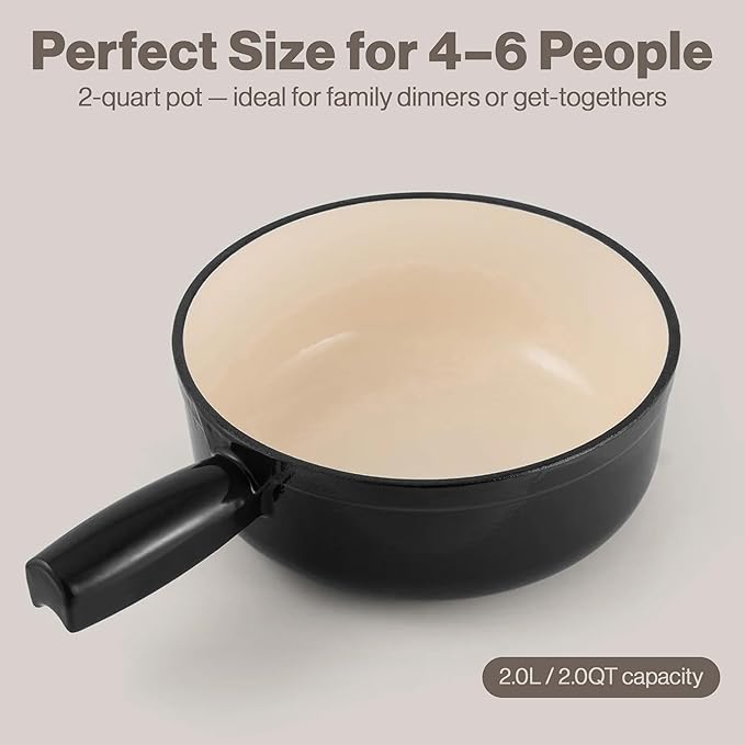 Swissmar Lugano Cast Iron Cheese Fondue Pot Replacement, 2 QT / 2 L – Compatible with Swissmar Lugano Fondue Sets – Ideal for Melting Cheese, Chocolate, & Caramel – Matte Black