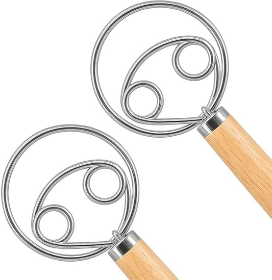 O'Creme Danish Dough Whisk Set of 2 Two Eyes Stainless Steel Bread Mixer with Wooden Handle - Sourdough Whisk for Baking Dough, Pizza, Pastries - Food-Grade, Dishwasher Safe