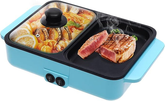 110V 1200W Small Electric Hot Pot Barbecue Grill, 2 in 1 Indoor Non-Stick Electric Hot Pot and Frying Pan, Blue Portable Electric BBQ Grill for Indoor Party Family Gatherings, 11.4*8.7*4.3inch (Blue)