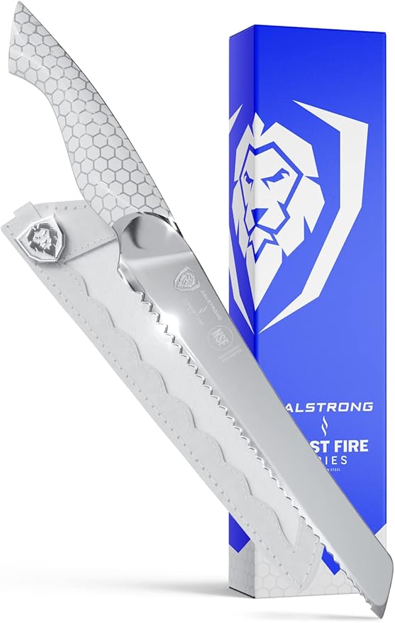 Dalstrong Serrated Bread Knife - 8 inch - Frost Fire Series - High Chromium 10CR15MOV Stainless Steel - Frosted Sandblast Finish - White Honeycomb Handle - Slicing - Leather Sheath - NSF Certified