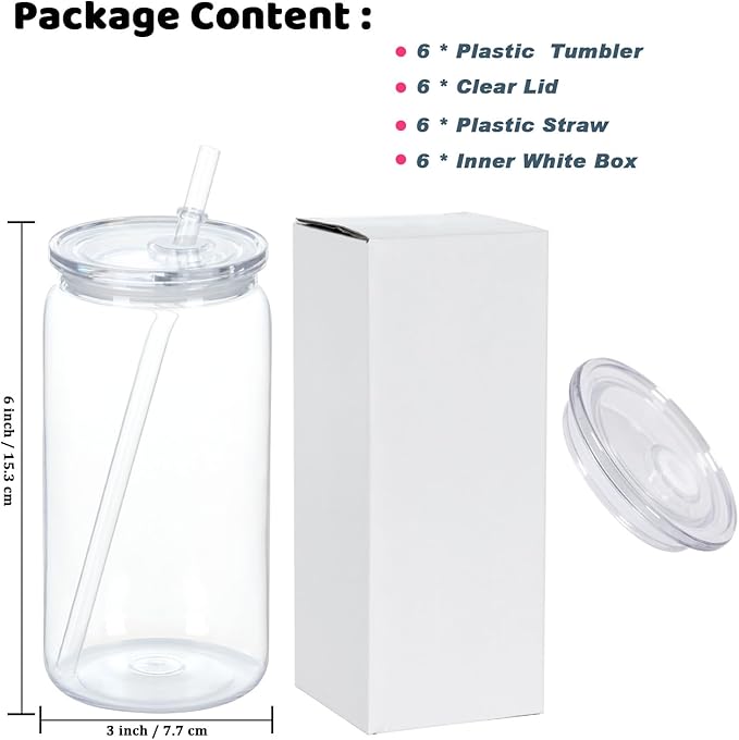 16 Oz Acrylic Plastic Can Tumbler, 6 Pack Plastic Clear Cup Beer Can, Plastic Mason Jar with Clear Lid