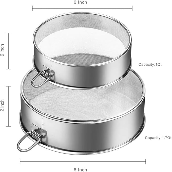 Webake Sieve 6-Inch, 8-Inch Sieves Fine Mesh Strainer Set of 2 Stainless Steel Sifter Round Flour Sieve for Baking Straining Powdering