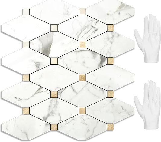 STICKGOO 10 Sheets Peel and Stick Backsplash Tile, Polished Carrara White Marble Look Stick on Backsplash for Kitchen Wall and Bathroom, Glossy Waterproof Self Adhesive Wall Tiles
