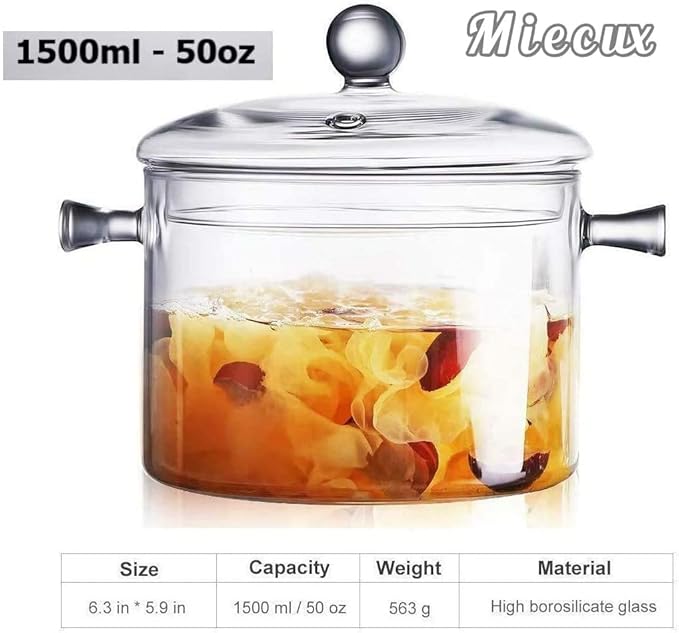 Glass Cooking Pot - 1.5L/50OZ Glass Saucepan Heat-Resistant Borosilicate Glass Handmade Cookware Set stovetop Pot - Safe for Pasta Noodle, Soup, Milk, Tea,salad (1.5L/50OZ)