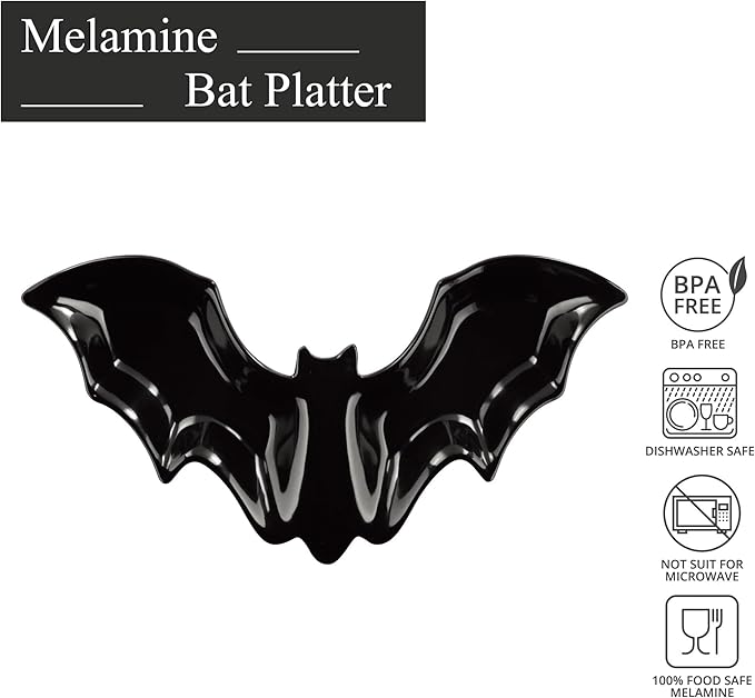 UPware Bat Shaped Melamine Serving Platter, Halloween Party Tray, Fun Spooky Design, for Candy, Snacks, and Desserts, Black, 16 x 8.5 Inch