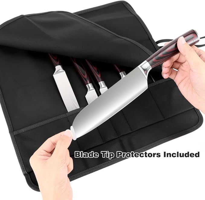 6 Slot Puncture Resistant Knife Roll, Waxed Canvas Knife Bag Featuring UHMWPE Fabric, Tie Straps Knife Roll Bag Fit 8-Inch Chef Knives