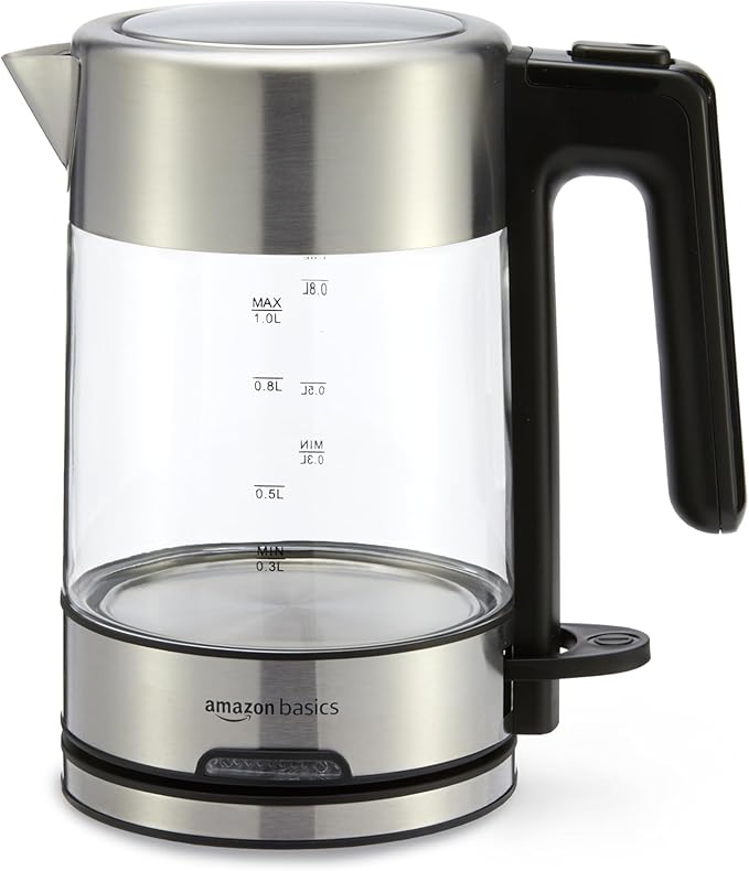 Amazon Basics Electric Kettle with Glass Carafe for Tea and Coffee, BPA-Free, Fast Boiling, Auto Shut-Off, 1 Liter, 1500W, Glass and Steel