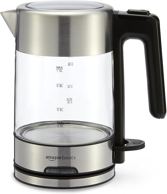 Amazon Basics Electric Kettle with Glass Carafe for Tea and Coffee, BPA-Free, Fast Boiling, Auto Shut-Off, 1 Liter, 1500W, Glass and Steel