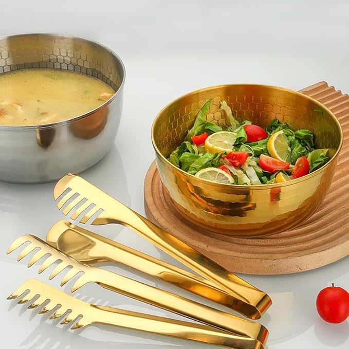 Stainless Steel Mixing Bowls with Food Tongs Set, Meal Prep Metal Mixing Bowls For Home, Refrigerator,and Kitchen Food Storage Organizers - Gold