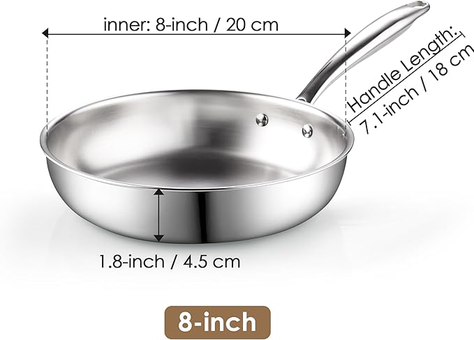 Cook N Home 8-inch Stainless Steel Frying Pan, Tri-Ply Clad 18/10 Stainless Steel Skillet Sauté Cooking Fry Pan, Induction Cookware, Silver