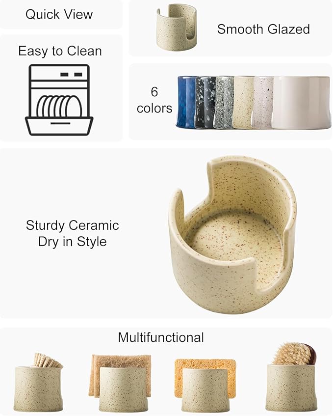Sponge Holder for Kitchen Sink, Ceramic Dish Sponge Holder Compact Scrubby Daddy Kitchen Organizer Dish Rcak for Sponges, Scrubbers, Yellow