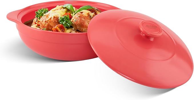 MINH LONG 3-Qt Porcelain Dutch Oven with Lid – Lead & Cadmium Free, Oven Safe to 482°F, Heat Retention, Clay Pot for Cooking on Gas & Infrared Cooktop, Use to Marinate, Cook, Bake, Refrigerate & Serve