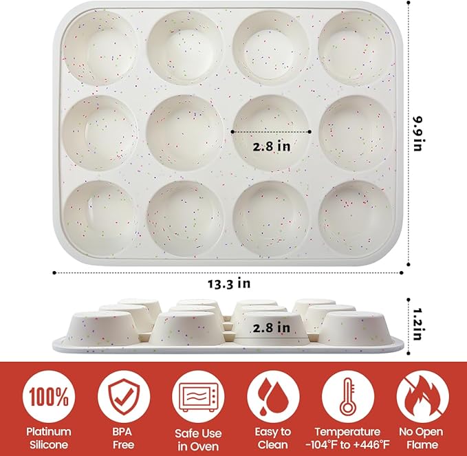 CAKETIME Silicone Muffin Pan, Metal Reinforced Frame Cupcake Pan 12 Cups Regular Size Easy to Move in or Out of Oven Non-Stick (1)
