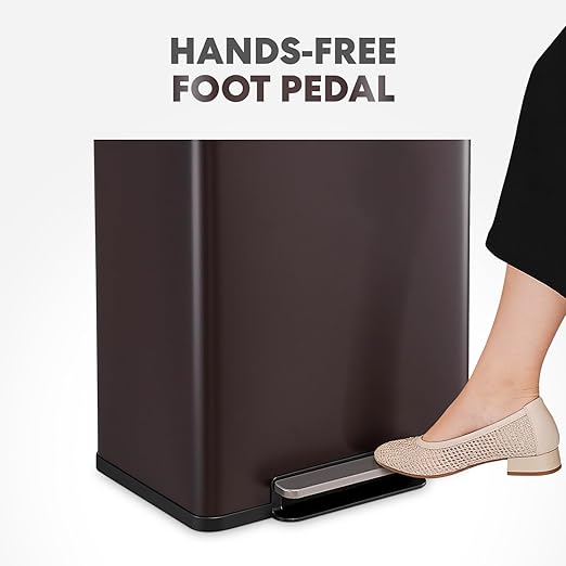 Simpli-Magic Infinity Edge 60 Liter / 16 Gallon Rectangular Hands-Free Extra Large Kitchen Step Trash Can, Soft-Close Single Lid Recycling Bin, Stainless Steel, Brown, 79682