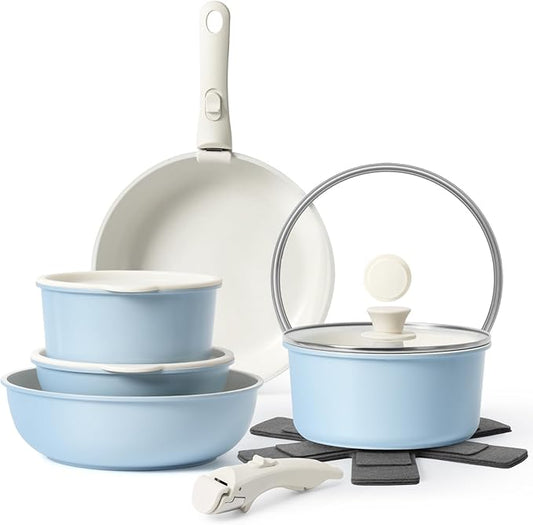 15Pcs Pots and Pans Set Non Stick, Cookware Sets with Detachable Handle, Nonstick RV Kitchen Cooking Tools Removable Handles, Oven Safe, Induction Fast, Stackable Induction Cookware, Blue