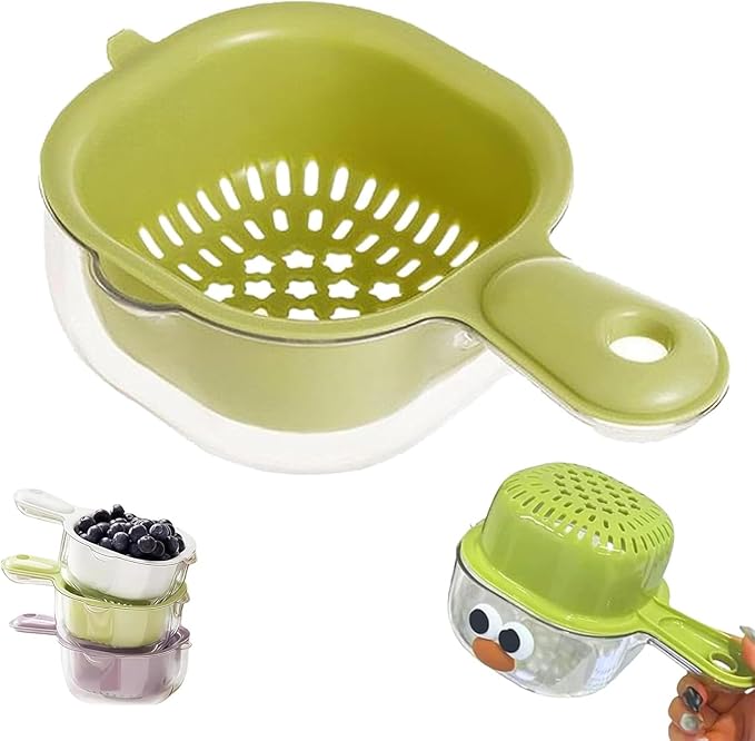Kitchen Dual Layer Draining Basket with Handle,Double Drain Plastic Fruit Washing Bowl, Handy Mini Berry and Tomato Washer, Fruit Storage Container (Green)