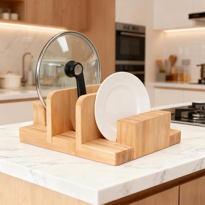 Bamboo Pot Lid Holder Stand, Cutting Board Organizer and Rack for Kitchen Storage, Made Countertop Space Saver for Pot Lids and Cutting Boards
